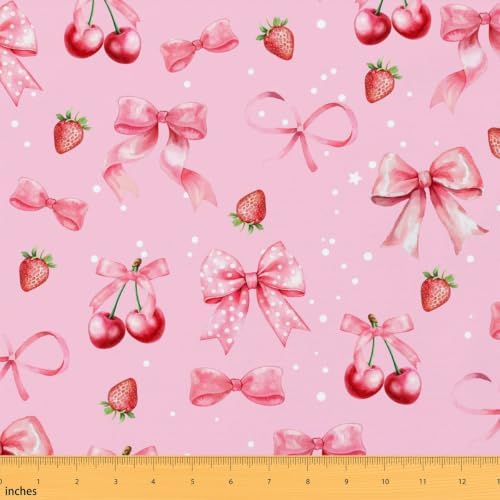 Pink Cherry Bow Upholstery Fabric for Chairs | Strawberry Fabric by The Yard 36"x63", Cute Ribbon Bowknot Kawaii Fruit Princess Bow Tie Sewing Fabric DIY Projects