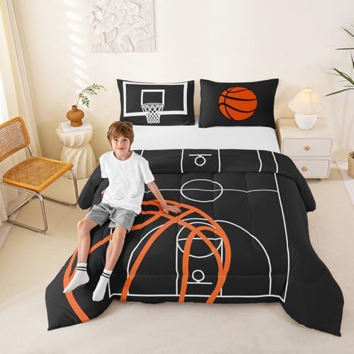 Castle Fairy Basketball Court Print Queen Size Comforter Set,Ball Sports Games Themed Down Alternative Adults Bedroom Decor,Orange Basketball and Hoop Ultra Soft Microfiber Inner Fill 3Pcs Bedding