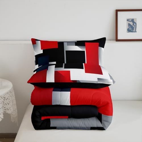Castle Fairy 3D Geometric Comforter Set Queen Size,Red Black Grey Abstract Square Bedding Gift for Children Adult Xmas Present,Colorful Plaid Print Polyester Quilt Set with 2 Pillowcases, 3 Piece