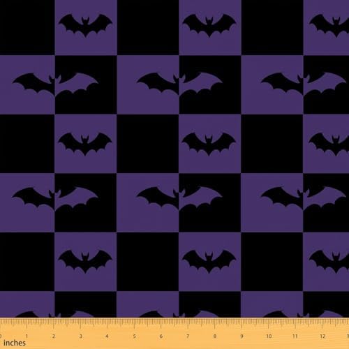 Happy Halloween Fabric by The Yard Bats Animal Silhouette Soft Polyester Sewing Fabric Black Purple Checkered No Stretch Durable Material for DIY Art Craft Making 1 Yard Pre-Cut,36" L x 59" W