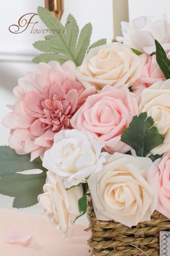 Floweroyal Artificial Pink Flowers Fake Rose Flowers Dahlia with Stems for DIY Wedding Bridal Bouquets, Baby Shower, Floral Arrangement, Table Centerpieces, Home Decorations.