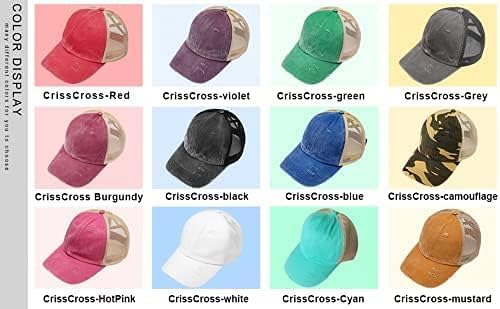 Criss Cross Hat Washed Distressed Baseball Cap Ponytail Hat High Messy Bun Ponycap for Women