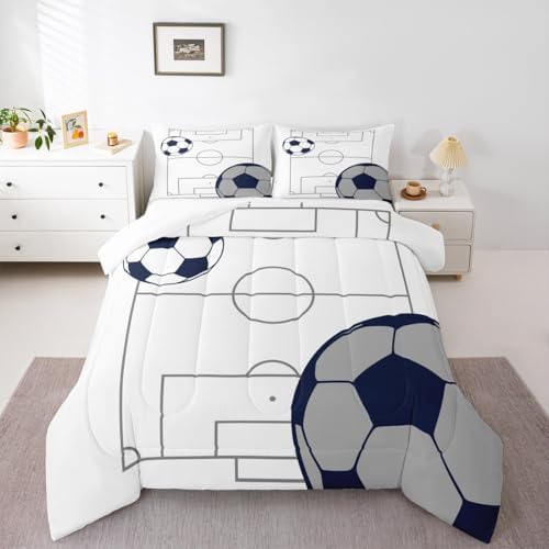Football Kids Boys Comforter Set Full Size, Soccer Ball Pattern Bedding Set for Teens Bedroom Sports Theme Down Comforter Breathable Football Court Duvet Set Gamer Room Decor Polyester Quilt Set