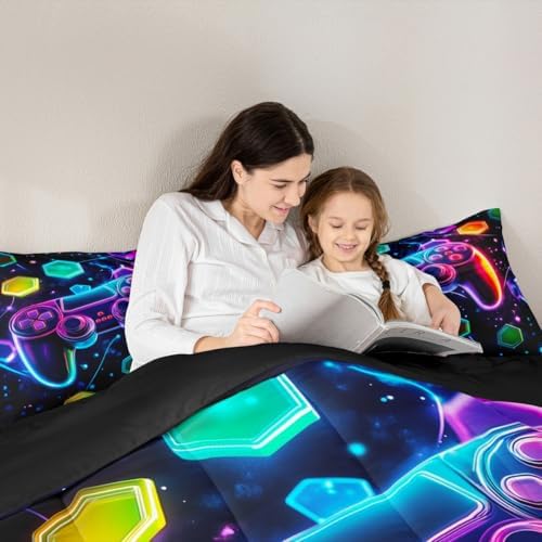 Castle Fairy Boys Gaming Reversible Comforter Set Full Size,Video Games Gamepad Print Bedding Set Gamer Room Decor,Space Galaxy Glow Neon Hexagon Duvet Set with 2 Pillowcases,Polyester (Purple Blue)
