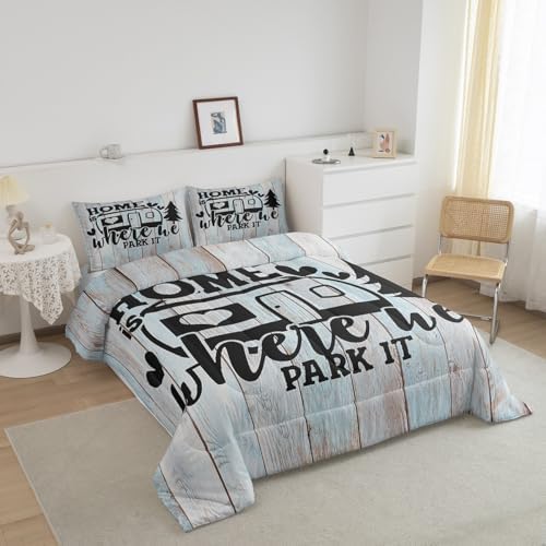Farmhouse Rustic Camping Comforter Sets Full Size,Funny Home Where We Park It Bedding Comforters for Girls Teens,Explore Camper Gifts RV Life Down Alternative with 2 Pillowcases, Ultra Soft