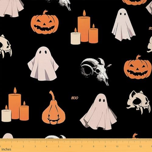 Feelyou Halloween Theme Soft Flannel Fabric by The Yard 1 Yard Kids Gothic Sugar Skull Upholstery Fabric for Boys Girls Teens Cute Ghost Pumpkin Lantern for Home DIY Projects, Indoor Decor