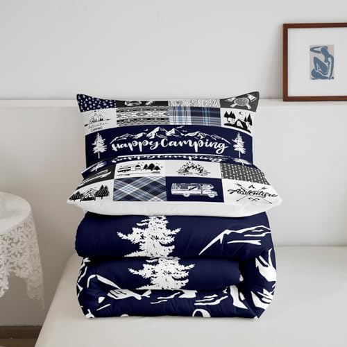 Camping Adventure Comforter Set Queen Size,RV Camper Accessories for Travel Trailers Bedding Set for Women Adult,Rustic Blue Plaid Boho Aztec Exotic Luxury Bed Duvet Insert, 2 Pillowcases