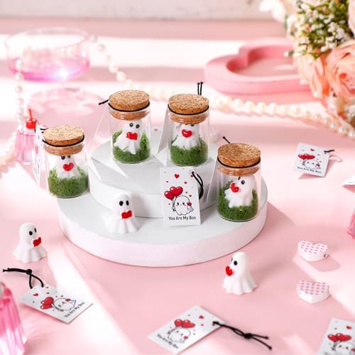 Skylety 30 Sets Valentines Day Ghost in a Mason Jar with Moss and Card Cute Red Heart Valentine Figurine Bulk Adopt a Ghost Figurine for Valentines Decorations DIY Party Gifts