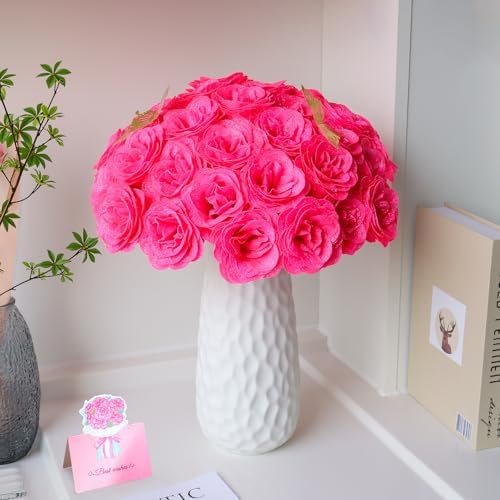 CCYXSHOW DIY Glitter Roses Bouquet 24 Pack - Hot Pink Artificial Flowers with Stems Wrapping Paper 3D Butterflies Crown for Graduation Anniversary Birthday Gifts
