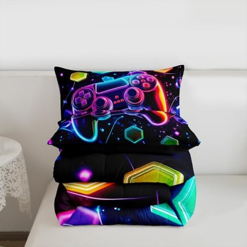 Boys Gaming Reversible Comforter Set Toddler Size,Video Games Gamepad Print Bedding Set Gamer Room Decor,Space Galaxy Glow Neon Hexagon Duvet Set with 1 Pillowcase,Polyester (Purple Blue)