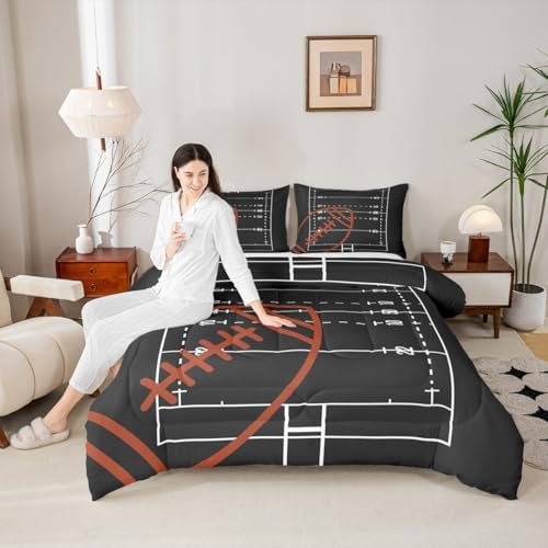 American Football Field Queen Size Comforter Set,Boys Ball Sports Games Themed Bedding Set with 2 Pillowcases,Brown Rugby Gloves Sporting Equipment Breathable Polyester Bedding Comforters