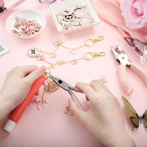VioraWhite 213 Pcs Lip Gloss Keychain Making Kit Butterfly Purse Bag Charms 100 Pink Enamel Charms 32.81 ft Gold Chains for DIY Crafts Women