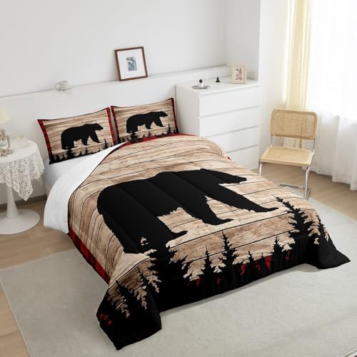 Castle Fairy Kids Bear Silhouette Comforter Set Full Size,Wildlife Animal Trees Print Bedding Comforters for Girls Teens,Red Black Plaid Retro Board Down with 2 Pillowcases,Chic