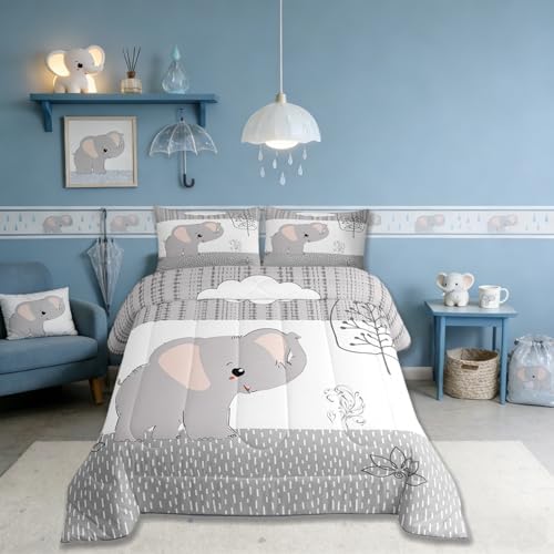 Castle Fairy Cartoon Elephant Bedding Set King Size,Kawaii Cute Wild Animal Comforter Set Room Decor for Home,Grey White Tree Cloud Flower Microfiber Down Comforter,with 2 Pillowcases