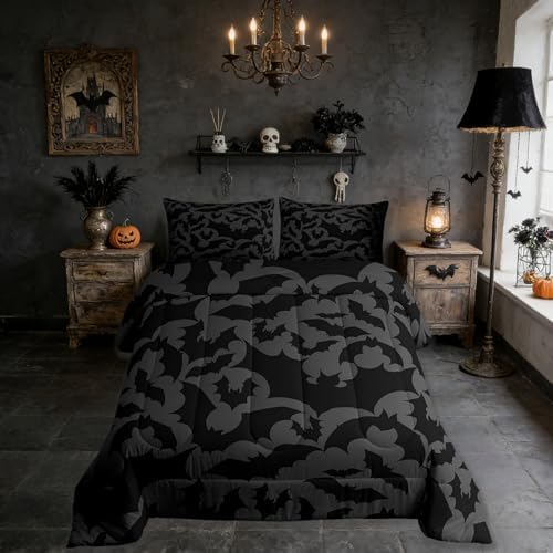 Castle Fairy Halloween Themed Full Size Comforter Set,Black Bats Animal Print Bedding Comforters Bedroom Collection,Dark Grey Color Bedding Set for Girls Teens