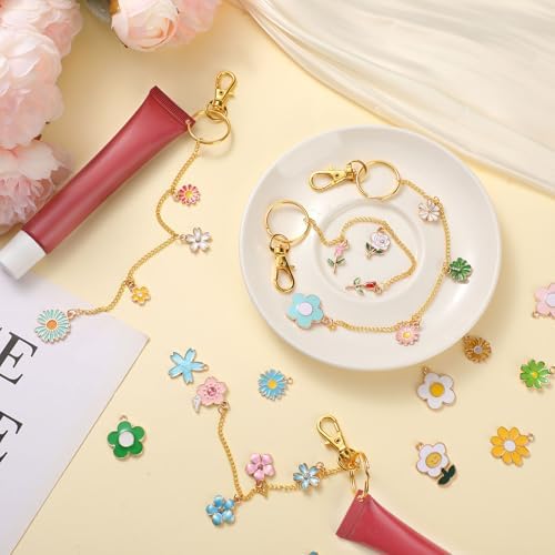 VioraWhite 213 Pcs Floral Keychain Making Kit Bag Charm Kit Lip Gloss Keychain 100 Pink Enamel Charms 32.81 ft Gold Chains for DIY Crafts Women