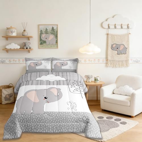 Castle Fairy Cartoon Elephant Comforter Set Twin Size,Kawaii Cute Wild Animal Quilt Set for Kids Boys Bedroom Collection,Grey White Tree Cloud Flower Soft Bedding Set with 1 Pillowcase