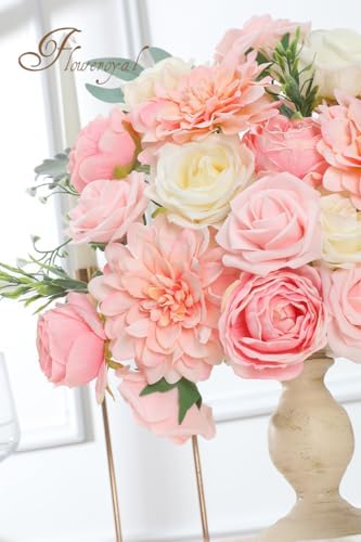 Floweroyal Pink Artificial Flowers Fake Rose Flowers Dahlia with Stems for DIY Wedding Bridal Bouquets, Baby Shower, Floral Arrangement, Table Centerpieces, Home Decorations.