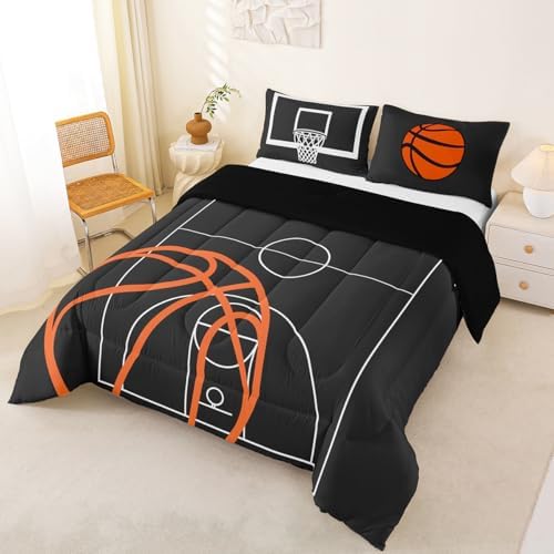 Castle Fairy Basketball Court Print Bedding Set for Boys Girls,Ball Sports Games Themed All Season Cozy Comforter Set Full Size,Orange Basketball and Hoop Duvet Set Home Decor,Children Birthday Gift