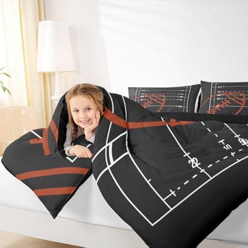 American Football Field Twin Size Comforter Set,Boys Ball Sports Games Themed Duvet Set with 1 Pillowcase for Kids Boys,Brown Rugby Gloves Sporting Equipment Soft Polyester Bedding Comforters