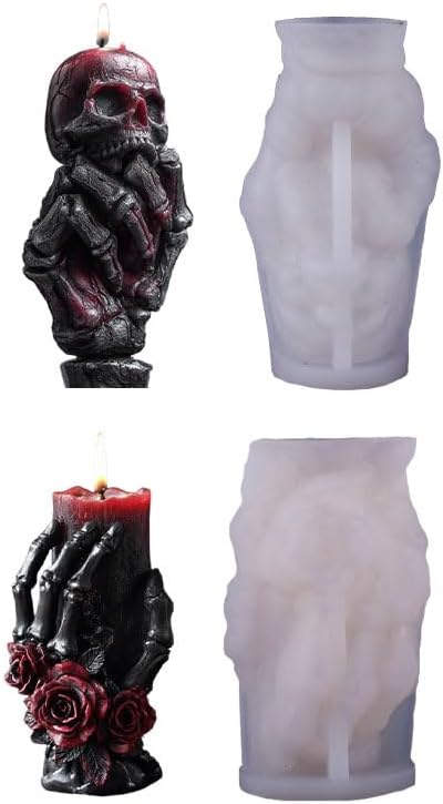 2 Pcs Halloween Skull Candle Molds 3D Skull Resin Molds, Ghost Hand Silicone by USUKUSI