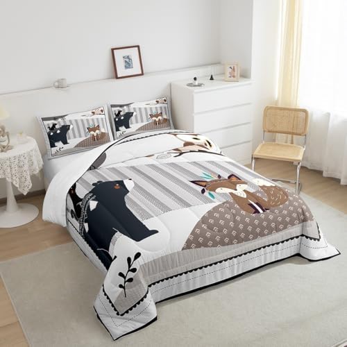 Castle Fairy Cartoon Animal Queen Size Comforter Set,Cute Bear Owl Fox and Plant Bedding Set with 2 Pillowcases,Exotic Indian Style Breathable Durable Polyester Bedding Set