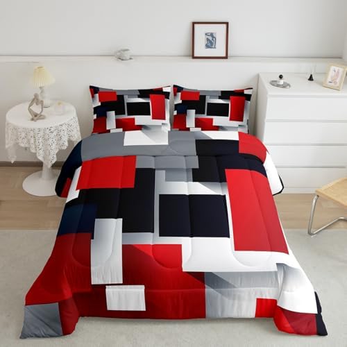 Castle Fairy 3D Geometric Comforter Set Queen Size,Red Black Grey Abstract Square Bedding Gift for Children Adult Xmas Present,Colorful Plaid Print Polyester Quilt Set with 2 Pillowcases, 3 Piece