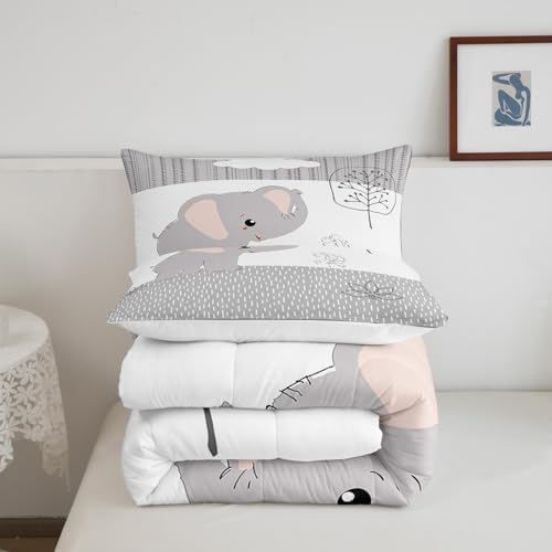 Castle Fairy Cartoon Elephant Bedding Set King Size,Kawaii Cute Wild Animal Comforter Set Room Decor for Home,Grey White Tree Cloud Flower Microfiber Down Comforter,with 2 Pillowcases