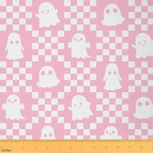 Feelyou Happy Halloween Soft Flannel Fabric by The Yard Kids 3 Yards Cute Checkered Ghost Upholstery Fabric Pink White Checkerboard Plaid Trick or Treat for Home DIY Projects, Indoor Decor