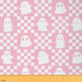 Feelyou Happy Halloween Soft Flannel Fabric by The Yard Kids 1 Yard Cute Checkered Ghost Upholstery Fabric Pink White Checkerboard Plaid Trick or Treat for Home DIY Projects, Indoor Decor
