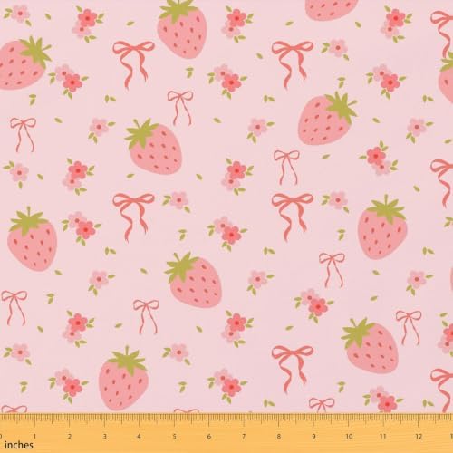 Strawberry Upholstery Fabric for Chairs | Pink Bow Outdoor Fabric by The Yard 72"x63", Princess Silk Ribbon Cute Bowknot Boho Floral Flowers Kawaii DIY Craft Hobby Polyester Fabric
