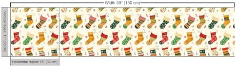 Lunarable Christmas Fabric by The Yard, Whimsical Colorful Xmas Stockings in a Row Falling Leaves Snowflakes, Decorative Fabric for Upholstery and Home Accents, 1 Yard, Cream Green Vermilion