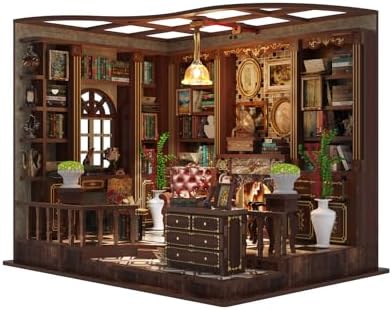 Parisian Library Book Nook DIY Kit - 3D Wooden Study Model with Touch-Sensor LED Light, Vintage Bookshelf Decor for Adults
