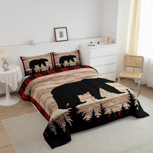 Kids Bear Silhouette Bedding Comforters King Size,Wildlife Animal Trees Print Comforter Set for Children Xmas Gift,Red Black Plaid Retro Board Quilt Bedroom, 2 Pillowcases King 104''x90''