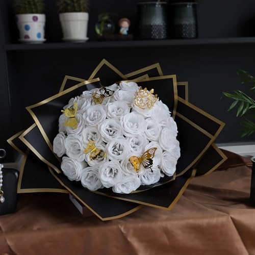 CCYXSHOW DIY Glitter Roses Bouquet White Flowers - 36 Pack Fake Shiny Bouquet with Stems Butterfly Crown Eternal Floral for Halloween Elegance Wedding Bouquets Anniversary Birthday Party Gifts