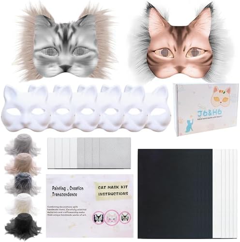 J6&H6 31 Pcs DIY Therian Mask Kit with Exclusive Funny Stickers, Blank Cat Mask,Fabric Sheet, Faux Fur and Eye Mesh Suitable for Christmas Role-Playing Parties?White?