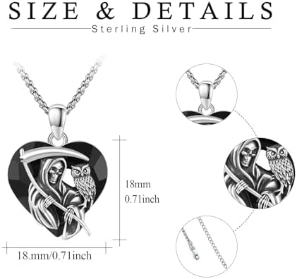 Santa Muerte Necklace for Men Sterling Silver Owl Skull Grim Reaper Pendant Heart Crystal Oxidation Skull Holy Death Scythe Aumelt Charm Necklace Jewelry Gifts for Father's Day Halloween Christmas
