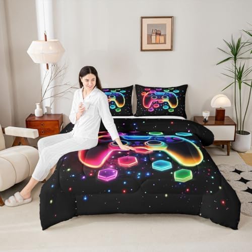 Game Consoles Kids Boys Reversible Comforter Set Queen Size,Gaming Bedding Sets Gamer Room Decor Gifts Galaxy 3D Neon Honeycomb Video Games Polyester Quilt Set,2 Pillowcases (Red Green Blue)