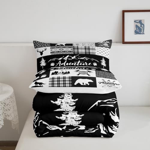 Castle Fairy Hunting Adventure Comforter Set King Size,Deer Antler Bear Pine Patchwork Bedding Set All Season Quilt Set,Arrow Lodge Boho Aztec Camper Grid Microfiber Polyester Down Comforter