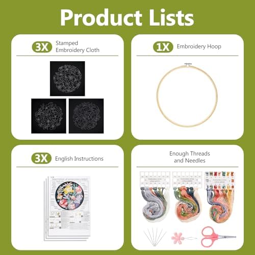 Santune 3 Pack Embroidery Kit for Beginners, Needlepoint Cross Stitch Kits for Adults,Needle Point Sets with Stamped Petal Pattern Stitch Video Tutorial