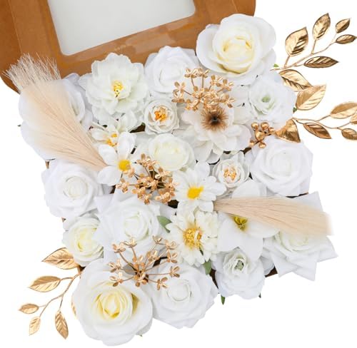 Floweroyal Artificial Flowers Combo Pure White Flowers Mix Silk Flowers Fake Roses with Stems for DIY Wedding Bridal Bouquets, Baby Shower, Floral Arrangement, Table Centerpieces, Home Decorations.