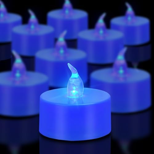 Tea Lights Battery Operated Candles LED Tea Lights Flameless Candles 200+ Hours Flickering Fake Tealights for Sweetest Day Wedding Home Decorations Party (Blue Base, 24 Pack)