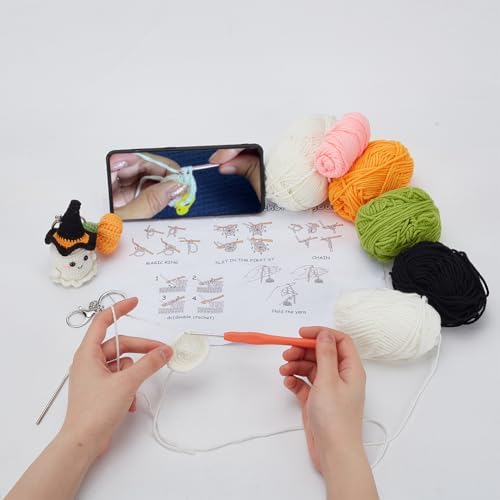 ORIGACH 4 Pcs Halloween Ghost and Mini Pumpkin Crochet Kit for Beginners, DIY Crochet Kit for Adults, Complete Crochet Keychain Set with Step by Step Video Tutorial for Halloween Parties Gatherings