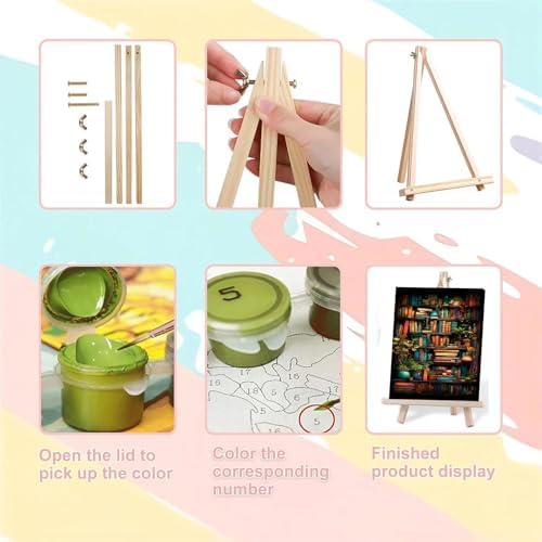 Bookshelf Paint by Numbers for Adults with Framed Canvas-with Wooden Easel,Paint by Numbers Kits Framed Canvas,DIY Acrylic Oil Painting Kits with Brushes Nice Gift Box for Home Wall Decor(12x16 Inch)