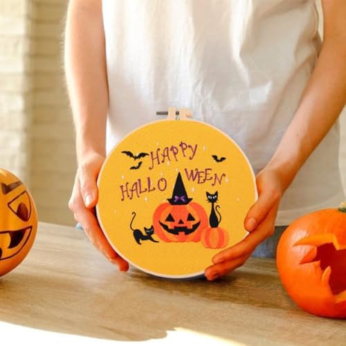 Santune 4-Pack Halloween Embroidery Kit Cross Stitch Kits for Beginners DIY Needlepoint Kit with 4 Embroidery Clothes Featuring Pumpkin Patterns,2 Hoops,Color Threads,Needles