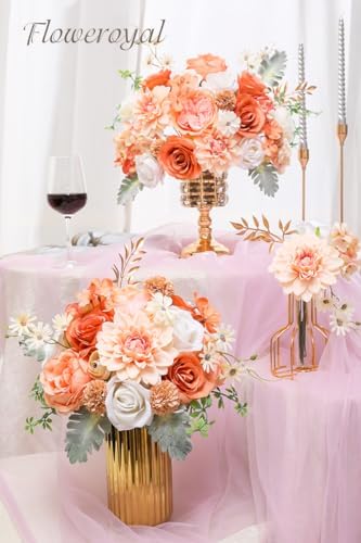 Floweroyal Artificial Flowers Combo Champagne Flowers Mix Silk Flowers Dahlia Roses with Stems for DIY Wedding Bridal Bouquets, Baby Shower, Floral Arrangement, Table Centerpieces, Home Decorations.