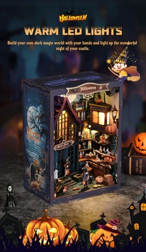 Book Nook Kit Halloween Mini House Kit - 3D Wooden DIY Castle with LED Lights, Spooky Bookshelf Decor for Teens and Adults