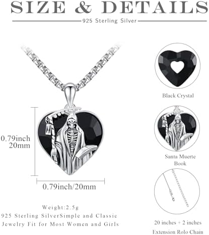 Santa Muerte Necklace for Men Sterling Silver Owl Skull Grim Reaper Pendant Heart Crystal Oxidation Skull Holy Death Scythe Aumelt Charm Necklace Jewelry Gifts for Father's Day Halloween Christmas