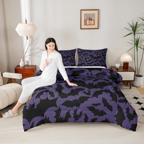 Castle Fairy Halloween Themed Comforter Set Full Size,Black Bats Animal Print Bedding Comforters Room Decor,Dark Purple Color Quilt Set with 2 Pillowcases,Teens Present