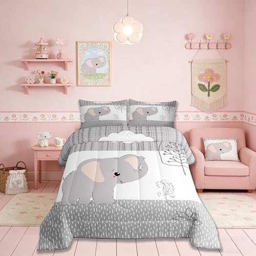 Castle Fairy Cartoon Elephant Comforter Set Twin Size,Kawaii Cute Wild Animal Quilt Set for Kids Boys Bedroom Collection,Grey White Tree Cloud Flower Soft Bedding Set with 1 Pillowcase